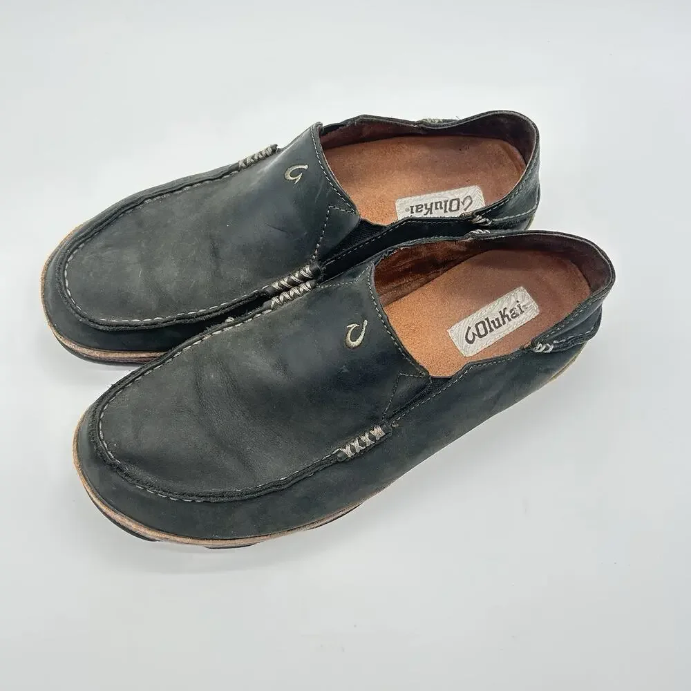 OluKai Moloa Mens 11 Black Leather Slip On Low Top Casual Comfort Loafers